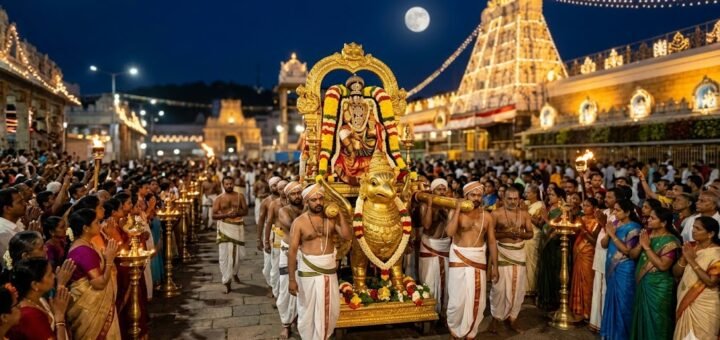 Tirumala Pournami Garuda Seva procession with Lord Venkateswara on Garuda Vahanam at Mada Streets